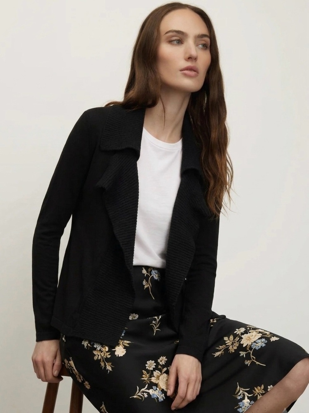 Theory Black Wool Knit Open Front Draped Chunky Cardigan Size XS Office Siren